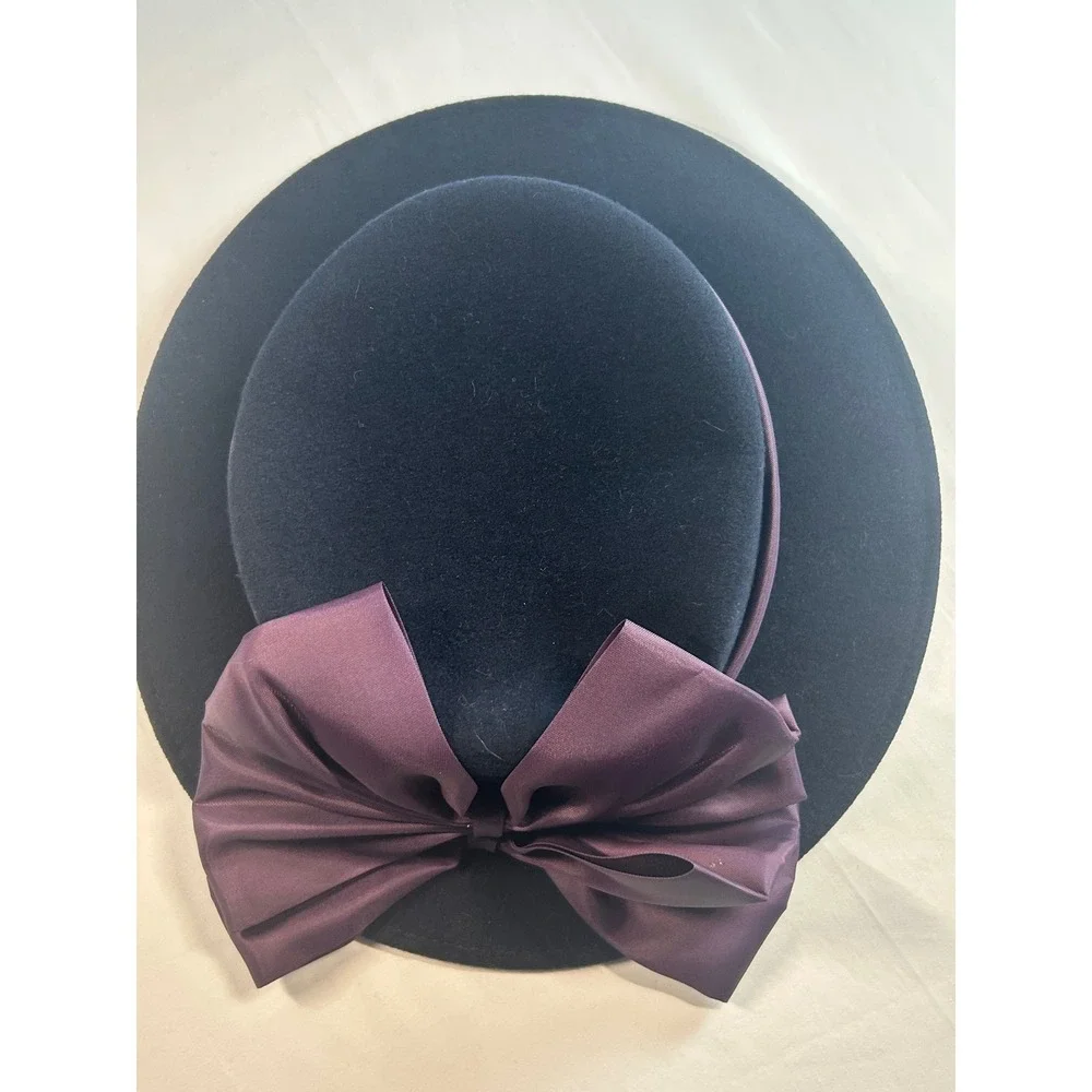 Michael Howard Wool Bow Hat Women OS Black Vintage Wide Brim Satin Trim